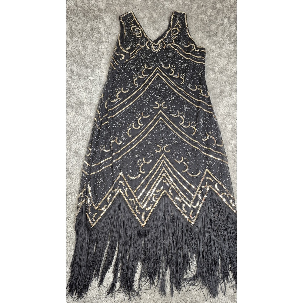 Fundaisy‎ Dress Womens 2XL Black Gold Sequins Fringes Flapper Retro New Years